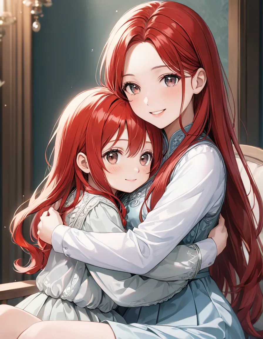 masterpiece,ultra-detailed,best quality,8K,illustration,cute face,clean skin ,shiny long red hair,girl,ultra-detailed-eyes, silver eyes woman, Beautiful woman,She sits with her ten year old daughter and they play together, hug each other and laugh, Her dau...