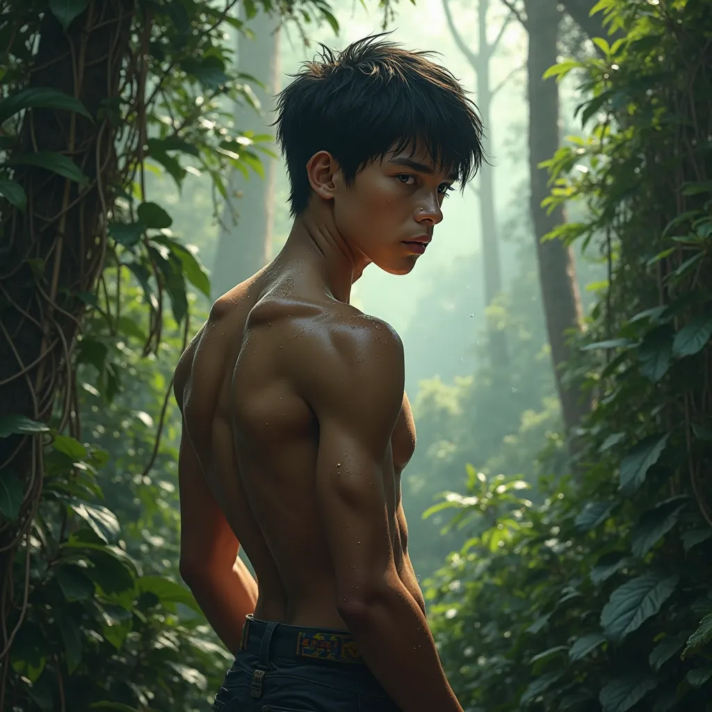 a young boy in a jungle in middle of apocalypse. He is super pretty and jacked and has short black hair.