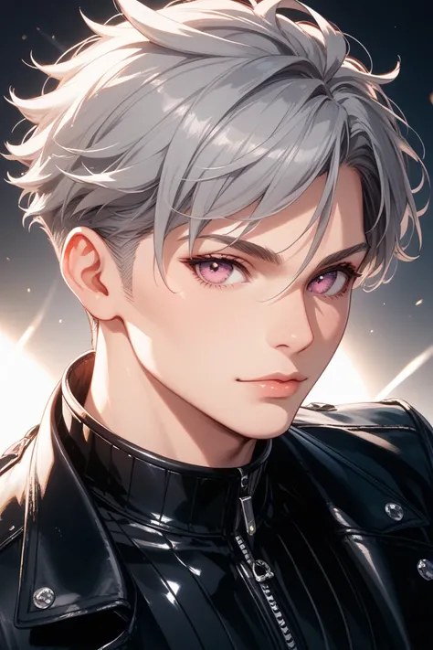 Handsome young man with grey hair, pink eyes and black clothes