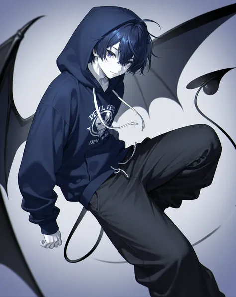 dark blue hair、1 Man、 hoodie、dark blue eyes、best image quality、highest resolution、huge pants、Devil&#39;s Wings、 white skin