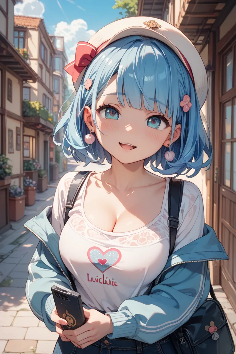 anime style、blue hair、cute lolicon、Big boobs、Dick in cleavage、I'm Shy、masturbates