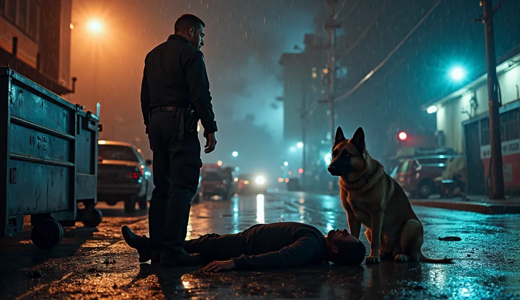 Photorealistic, ultra-detailed 16K image, rain-soaked back alley at night, male police officer Ethan Cole standing over injured man Gavin Rhodes slumped against dumpster, gun inches from Rhodes’ face, Belgian Malinois police dog with singed fur standing pr...