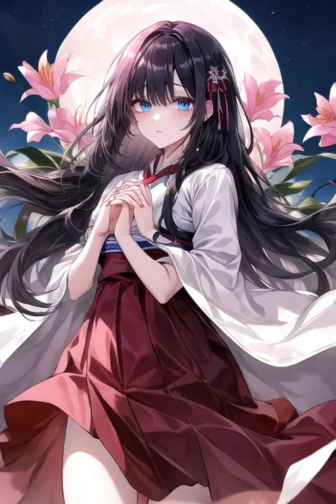 (((gfyuju ))), ((((black long hair)))), blue eyes, (((Hanbok1.0))), hanbok, surpassing,  best aesthetic , new, recent, Best quality,  masterpiece, very detailed),  masterpiece,  1girl , Solo, bright sky, afternoon, flower, 벚flower, Plum Blossom , lily, bea...