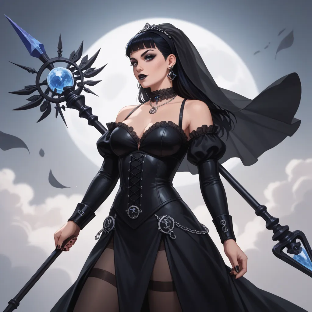 Dynamic angle. Dynamic pose. Female character. Tight clothes. Haute couture veil. Goth. Witchcraft. Holding a staff. Landing hand.