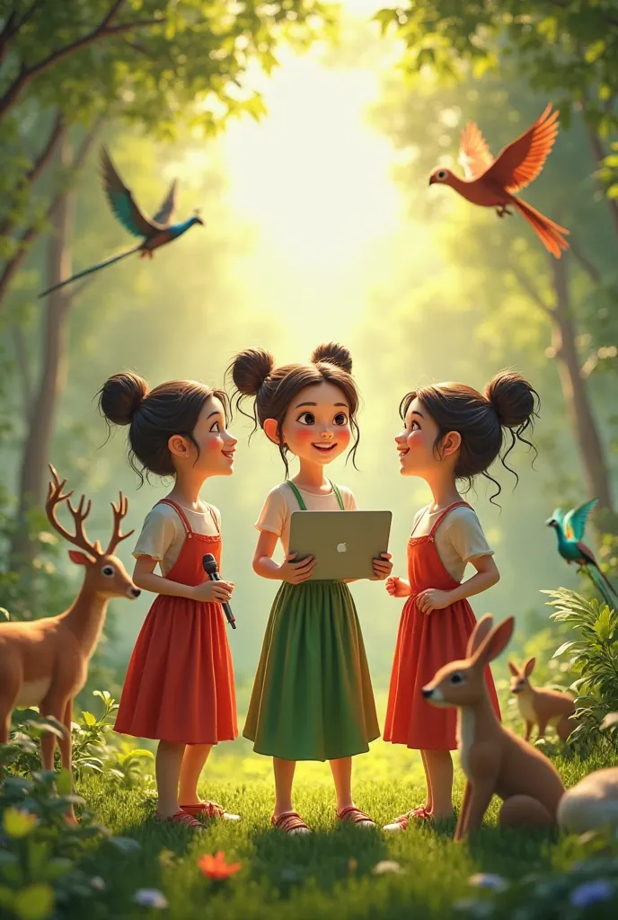 
"Three beautiful  girls standing in a lush green forest, dressed in red, white, and green outfits. Their hair is tied in elegant buns, and they are holding a MacBook in their hands while smiling. The bright sun shines above, casting golden light. Behind t...