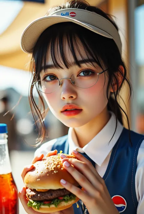 ((Highest quality)), ((傑Highest quality、masterpiece、High sensitivity、High Resolution、detailed description、depicting a delicate face))Slender Woman、glasses、thin eyebrows、basket uniform、 sun visor、Eat a hamburger 、carry Pepsi Cola、