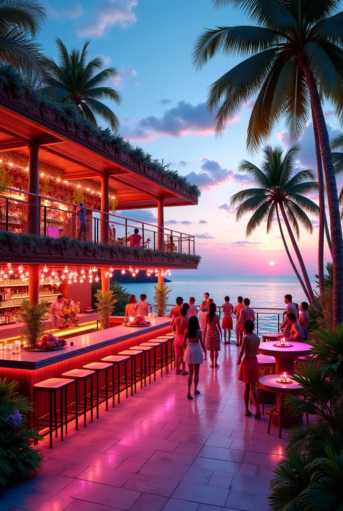 Create me a bar-disco all in a single structure and that is all with an exotic tropical theme