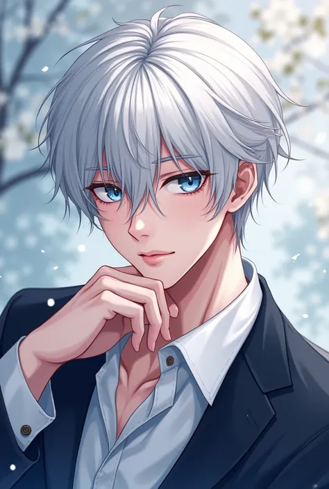 Create a Bl cover for a manga, Do you have to have a young adult boy, of white hair with blue eyes,Face of Adulto Bonito,More BL