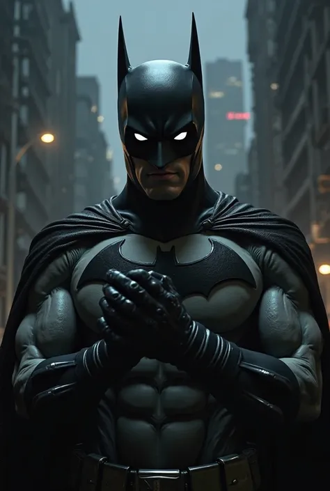 Batman is looking at his hand and wondering, surprise to be on Batman's face, in the dark of night