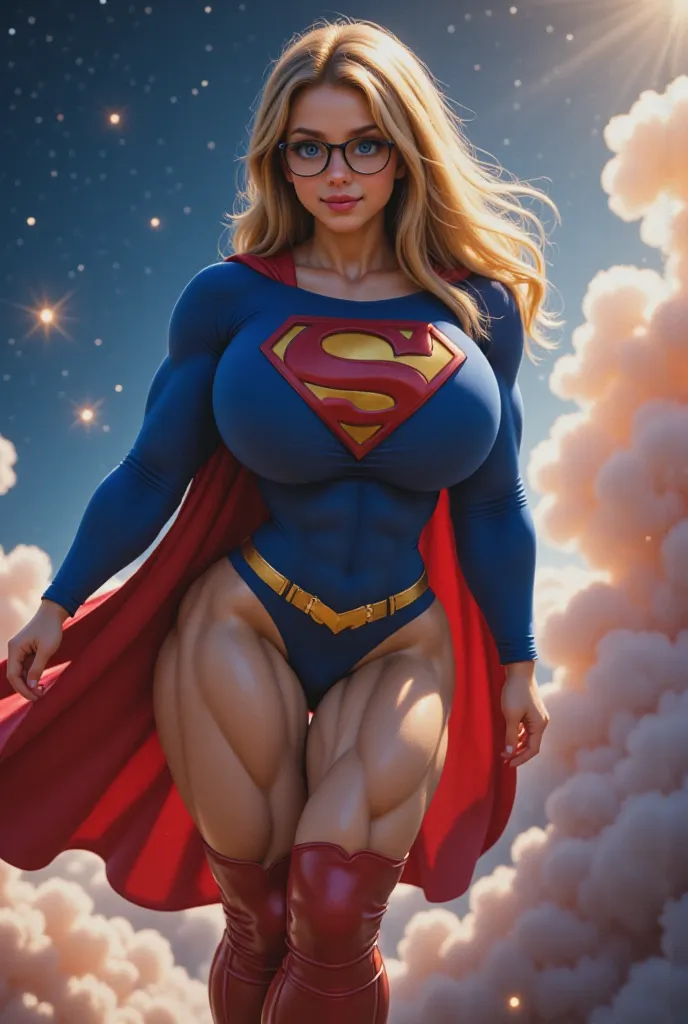 **"A breathtaking, ultra-detailed 8K cinematic illustration of a stunning DROP DEAD SEXY young blonde GIRL AS SUPERMAN with piercing blue eyes and stylish glasses, wearing an authentic 1980s Supergirl costume. Her royal blue bodysuit fits perfectly, adorne...