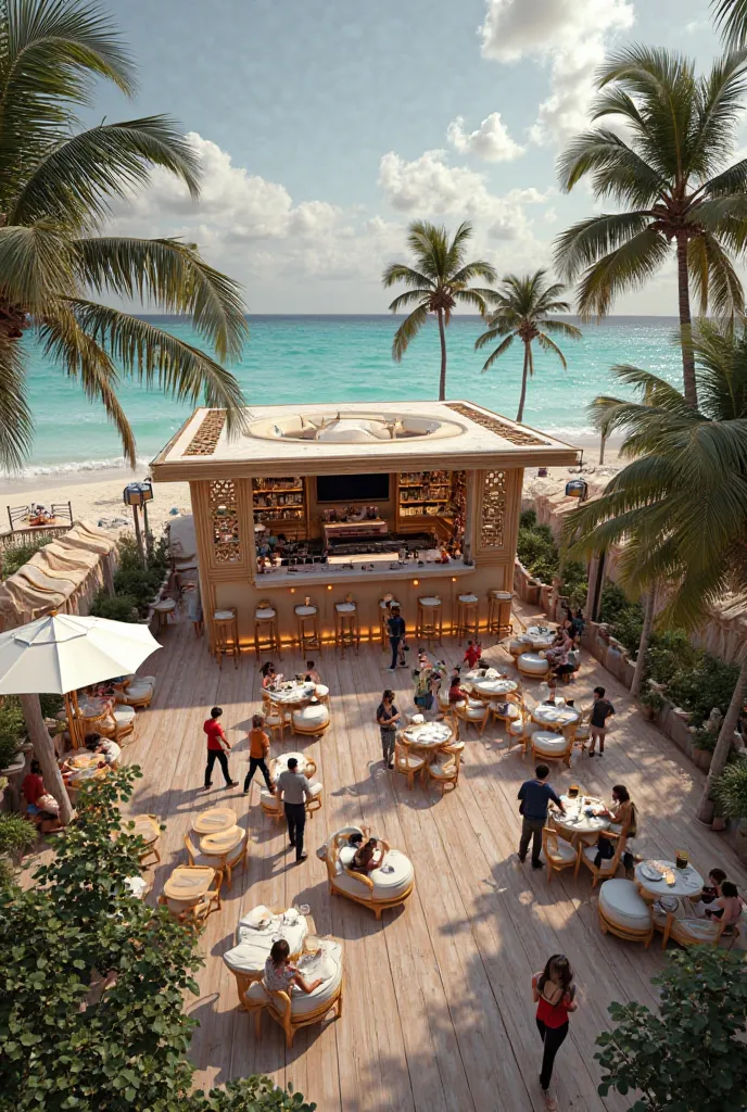 Do a beach club lounge bar with raised DJ set