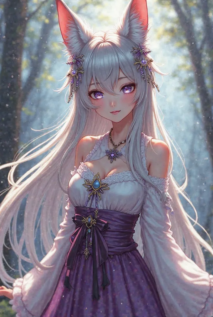 A beautiful female character with fox ears (kumiho style), wearing a flowing hanbok-inspired dress, long silver hair, intricate hair ornaments, fantasy style, highly detailed, elegant, mystical lighting