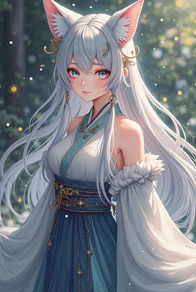 A beautiful female character with fox ears (kumiho style), wearing a flowing hanbok-inspired dress, long silver hair, intricate hair ornaments, fantasy style, highly detailed, elegant, mystical lighting