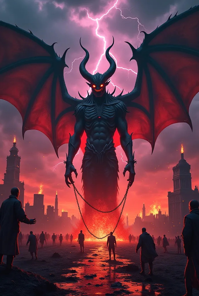 "An apocalyptic scene of absolute terror, where the sky is overtaken by swirling black clouds, cut by red and purple lightning.  The ground is cracked , incandescent lava sprouting from cracks. Demonic figures emerge from the shadows - creatures with twist...