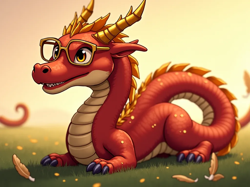 a red western dragon at sunset
Eyes are golden
Wearing a pair of gold-framed glasses
There is a row of golden scales on the cheeks
The left corner is decorated with a small amount of golden olive branches
scattered golden scales on the right forearm
Small ...