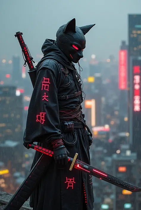 "A futuristic assassin inspired by Japan, blending samurai tradition with cybernetic enhancements. Clad in a sleek, high-tech black kimono with neon red kanji inscriptions, the assassin wields an energy-infused katana and shuriken drones. A fox mask with g...