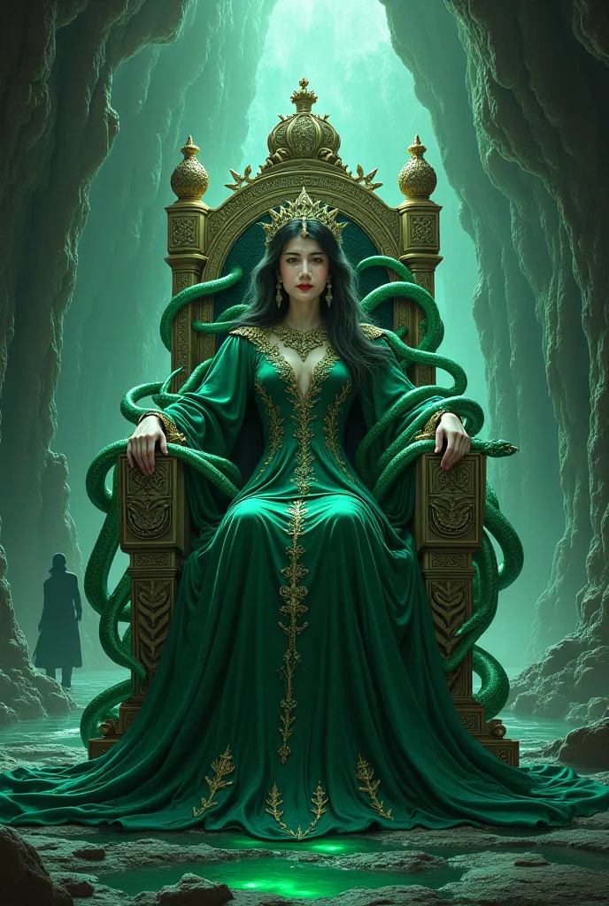 Lady of the Emerald Snakes sits on a throne in a cave with a waiter