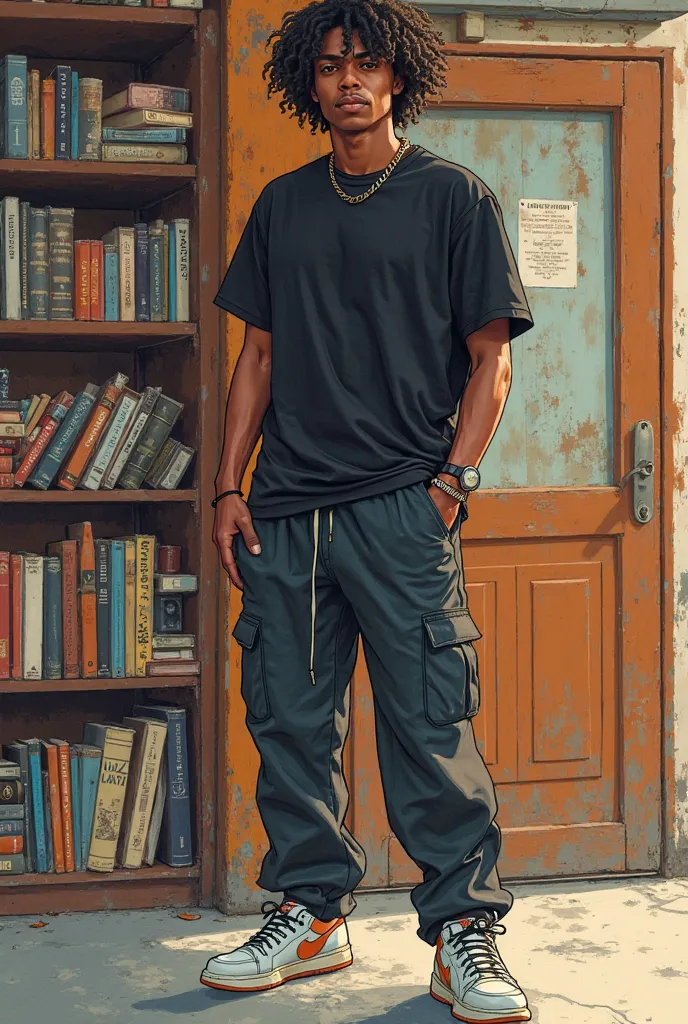 Character lives in the 80s, negro, 26 years and 1,55 in height, He's a pop culture fan at the time and he's always walking around with books. black t-shirt with long sleeves inside pants, loose, lightly cropped pants and long cone sneakers