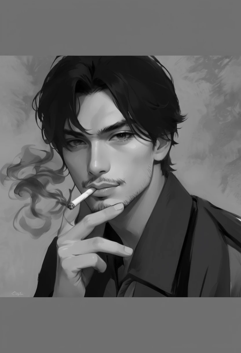 arafed portrait of a man smoking a cigarette in a black and white photo, guweiz style,anime realism style, he is smoking a cigarette, anime portrait of a handsome man, smoking a joint