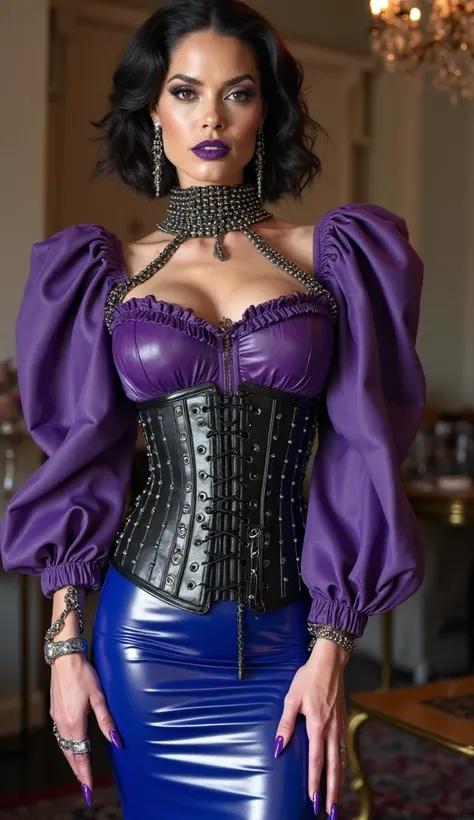 Angelina jolie, mistress, dominatrix, latex, metalic spikes, metalic chains, metalic earings, purple latex heavy high neck blouse, puffy latex sleeves, black latex heavy corset, after knee royal blue latex pencil skirt, purple vinyl over the knee stiletto ...