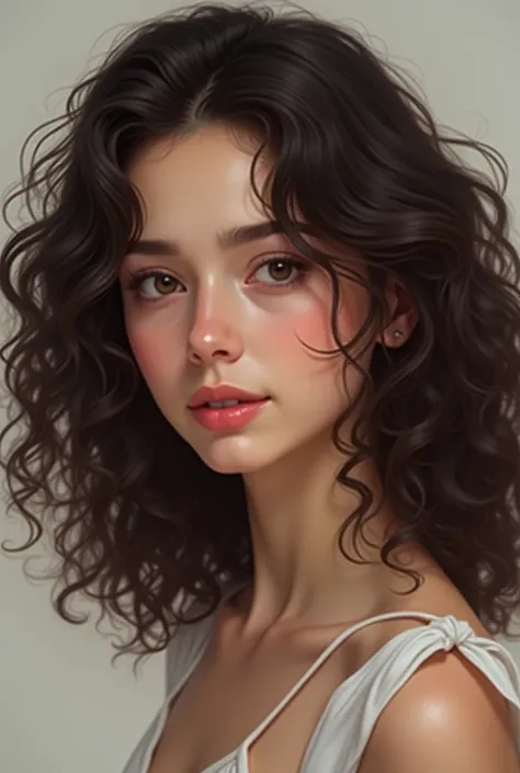 A REALISTIC brunette girl with curly hair 