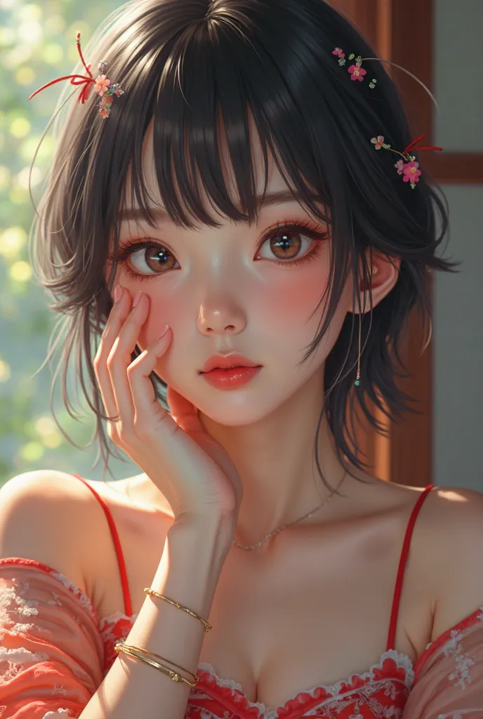 (( masterpiece)), (( top quality combat bed)), ((Perfect muscular body)), (portrait of a beautiful Japanese girl), perfectdetaileyes,  Perfect facial detail ,  very delicate nose ,  open mouth ,   perfect teeth , Sharp body, Clothes stuck, charm, perfect f...