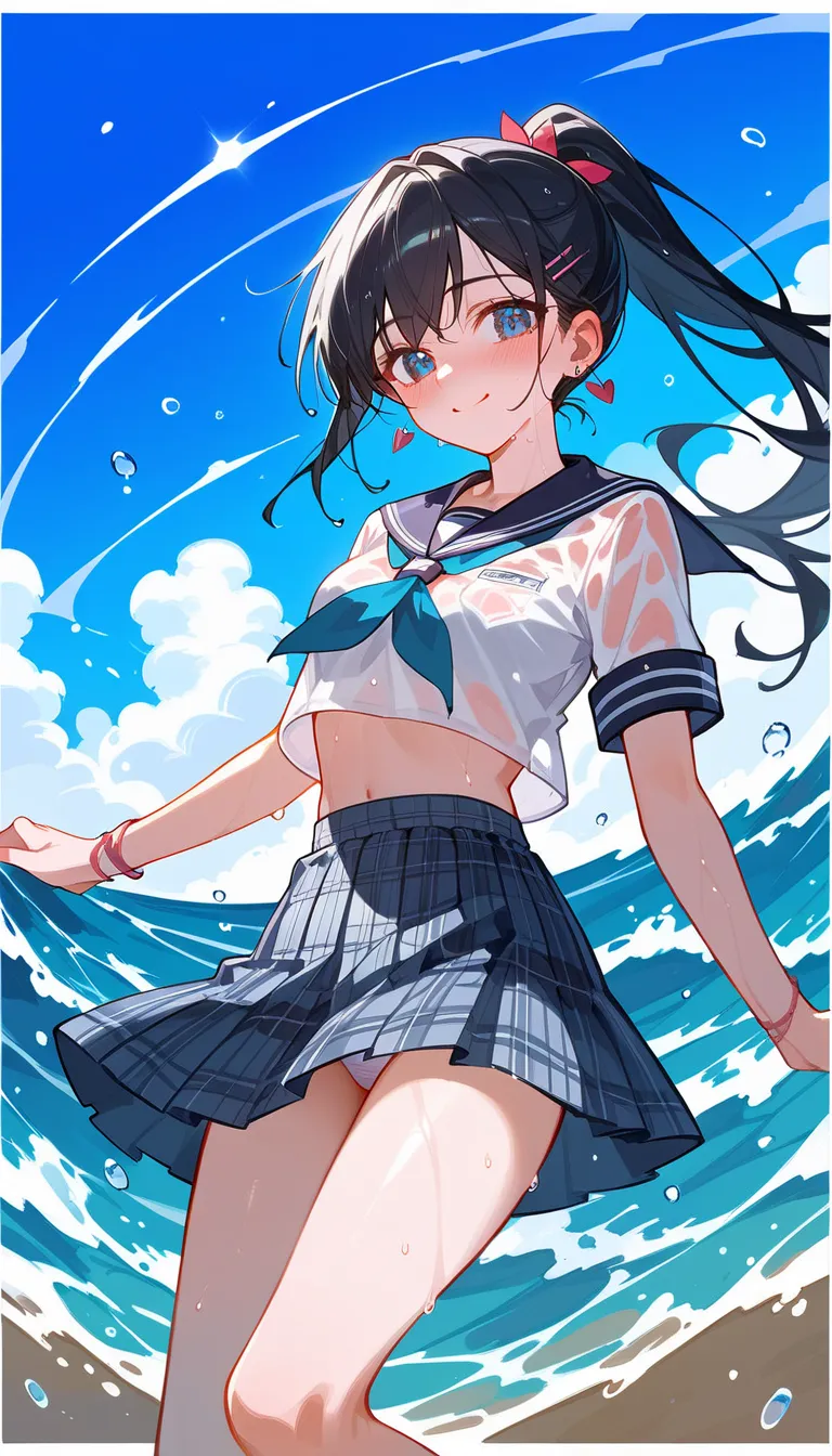 (beautiful girl : 1.3),1 girl,(See-through sailor suit,plaid skirt,earrings, pure white underwear), black hair,ponytail,smile, is embarrassing,blush, get wet,sweat,bare feet,jump,blue sky,sunshine, sandy beach,wave droplets,bra, moving,Dynamic Angle,master...