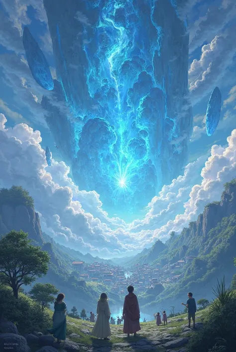 Create an image of paradise above the clouds clouds in the shape of blue rocks paradise is appearing above a village among the nests of the morning 