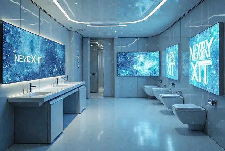 Je veux une salle de bain futuriste avec des pc dés écran sans personnage avec marqué neryoxit sur un mur