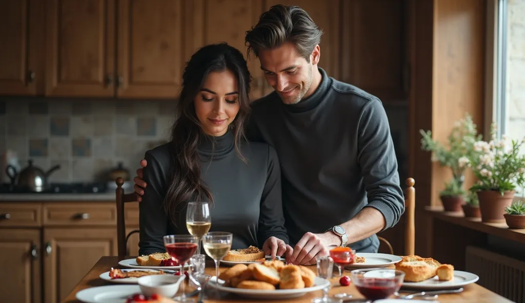 Masterpiece. Ultra-realistic full-length photo: 1.3. Front view from afar, full-length from head to toe: 1.3. High detail. 32k. Excellent photo: 1.3. Vera and her husband are setting the table, they are smiling at each other. Vera is a quiet, thoughtful br...