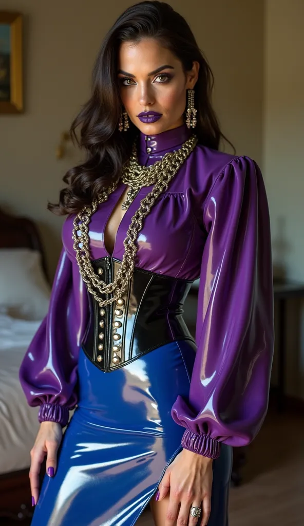 Angelina jolie, mistress, dominatrix, latex, metalic spikes, metalic chains, metalic earings, purple latex high neck blouse, puffy latex sleeves, black latex heavy corset, after knee royal blue latex pencil skirt, purple vinyl over the knee stiletto boots,...