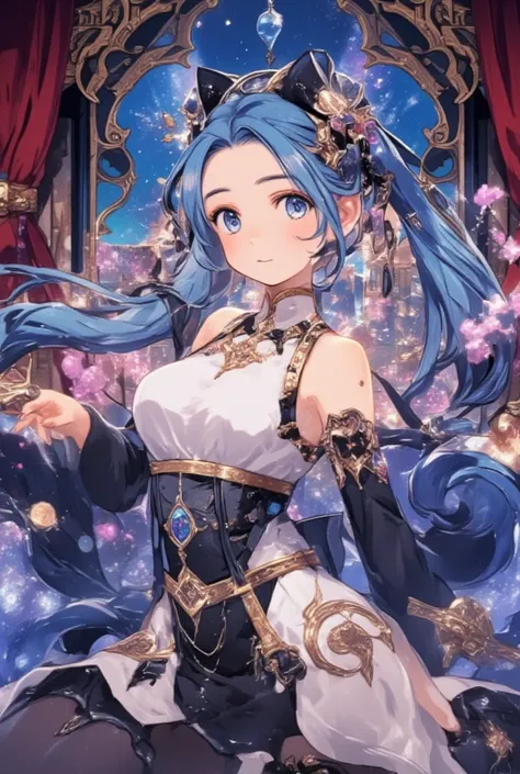 ( masterpiece、Highest quality、Highest quality、official art、 beautiful and beautiful :1.2)、(one girl:1.3) Hatsune Miku、twin tails from above,beautiful breasts,  Screenshot by 。 A woman in a blue dress poses for a photo, palace ， Girl in Hanfu, Beautiful Fan...