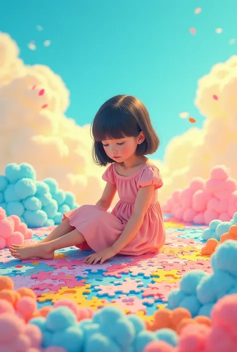 A sad girl wearing pink frock solving a rainbow and fluffy clouds jigsaw puzzle 