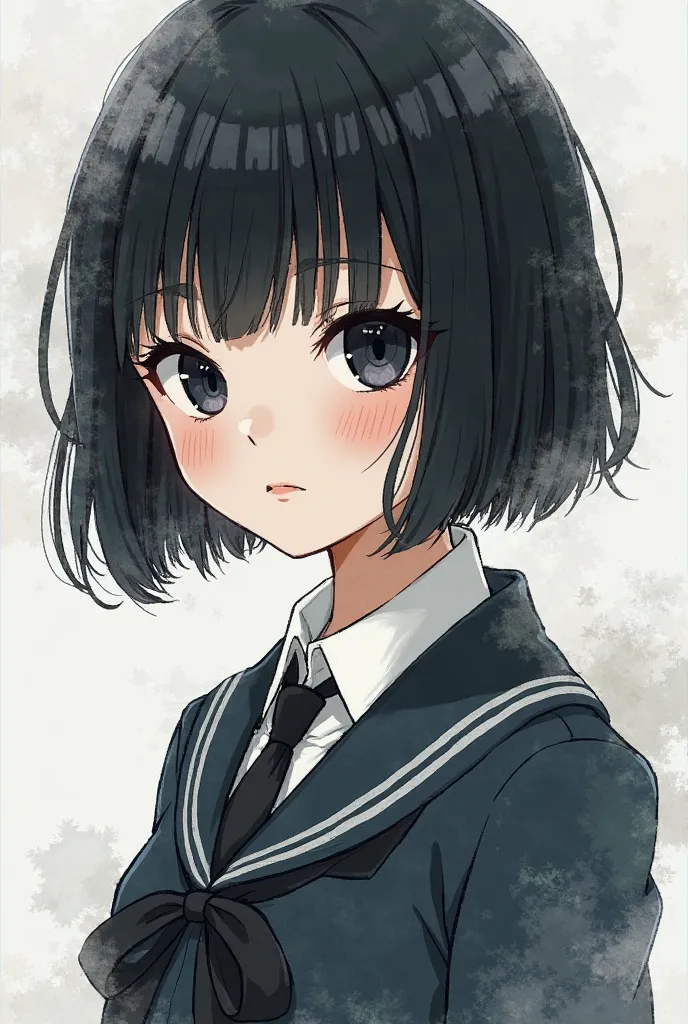 Anime, Black hair girl with black eyes and big iris…Make the colors water color as the girl has a pale skin and short short hair and black Japanese uniform with a tie  and serious face*