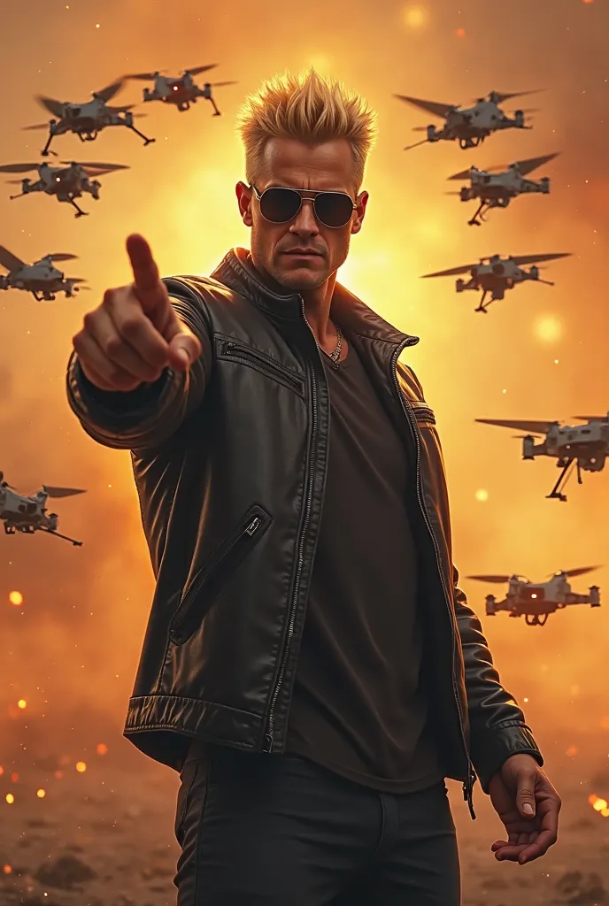 "A high-quality, realistic image of a man wearing sunglasses, standing in the center of the frame and pointing diagonally upward. The image captures him from the head to the thighs. He has short, spiky blonde hair and wears a black leather jacket. The back...