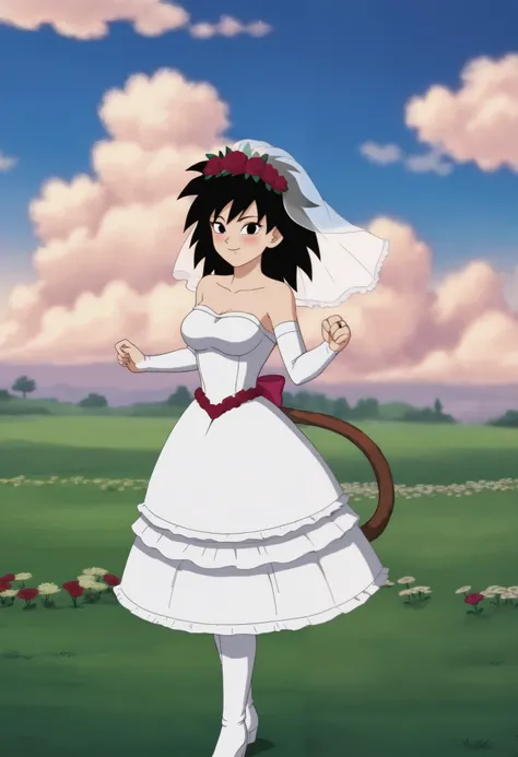 anime screencap, absurdres, high quality, official style, 
gine, black hair, medium hair, spiked hair, black eyes, monkey tail, 1girl, solo, ((looking at the viewer))
wedding dress, wedding ring, outstretched hand, palms, arm at side, smile, blush, bridal ...