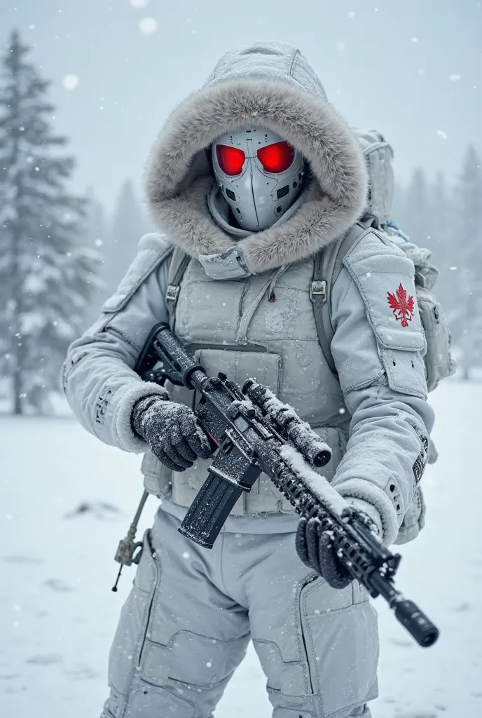 "A Russian assassin trained in extreme cold conditions, wearing an advanced white-and-gray stealth exosuit that camouflages with snow. A fur-lined hood covers their cybernetic face, and their glowing red eyes pierce through the blizzard. Armed with a silen...