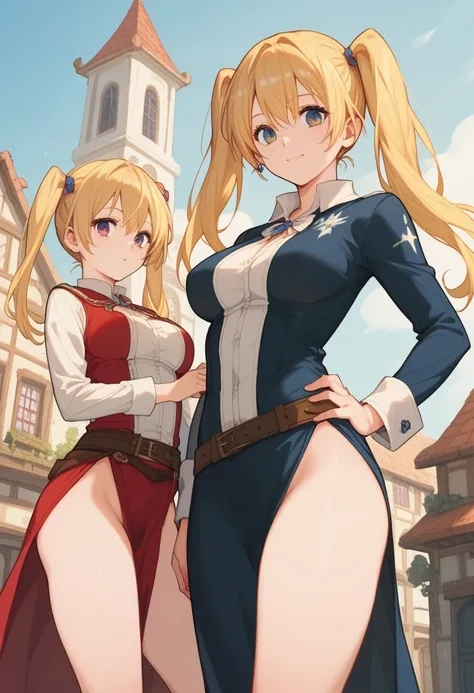 blonde hair, twintails,  eye color is brown 、d.Manufacturer of grai-man、standing、Hands on Hips、Medieval town、slightly larger breasts、 thighs