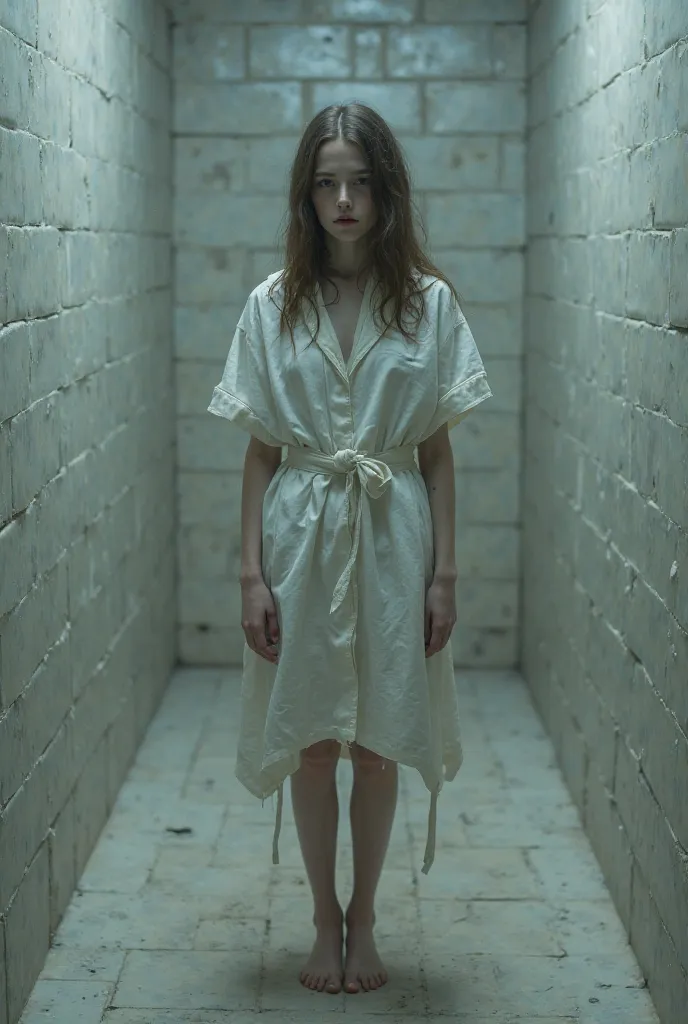 The girl in the straitjacket, in a soft-walled room 