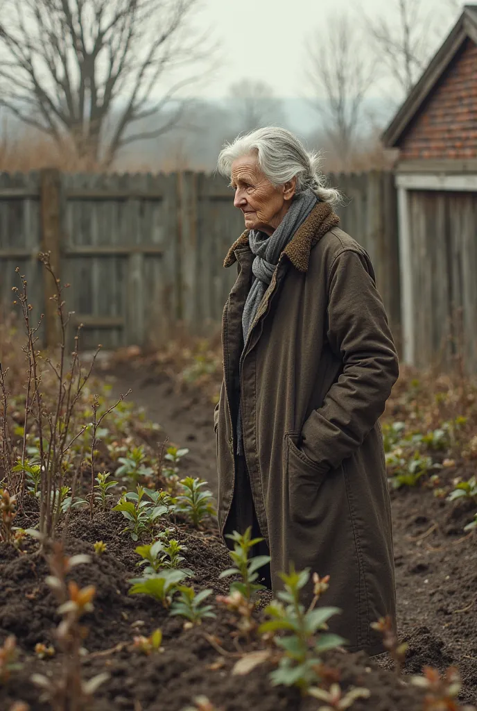 Grandma looks at her garden that hasn't grown yet  