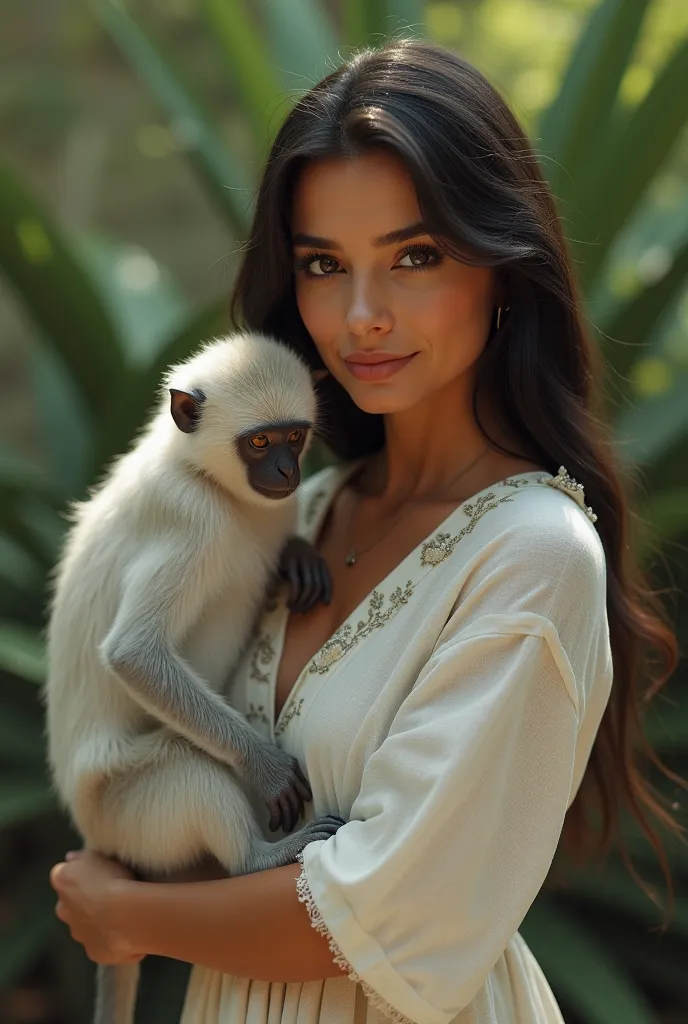  realistic photo, LATIN WOMAN WEARING WHITE MONKEY IN LINEN, with sleeves 3/4 WIDE
