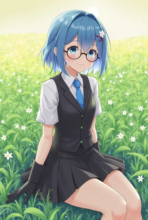 Female character with blue hair, black outfit (vest), smiling, sitting in a field of green flowers, wearing a blue tie, black gloves, white flower clip, blue eyes, wearing round glasses, looking towards the sun