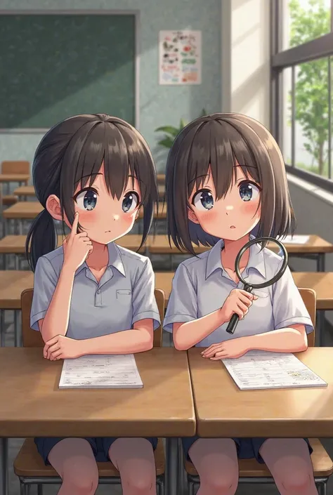 Two girl sitting on table in classroom side by side the one girl pointing her hand in her head while the one girl seeing the magnifying glass REALISTIC 