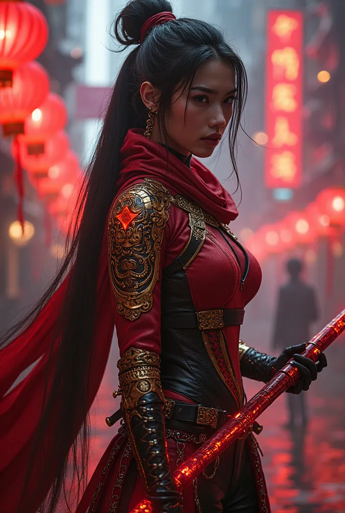 "A Chinese assassin inspired by ancient warriors and futuristic espionage, clad in a sleek, red-black armored bodysuit with golden dragon embroidery. Their energy-infused guandao (polearm) slices through enemies with precision. A cybernetic eye enhances th...