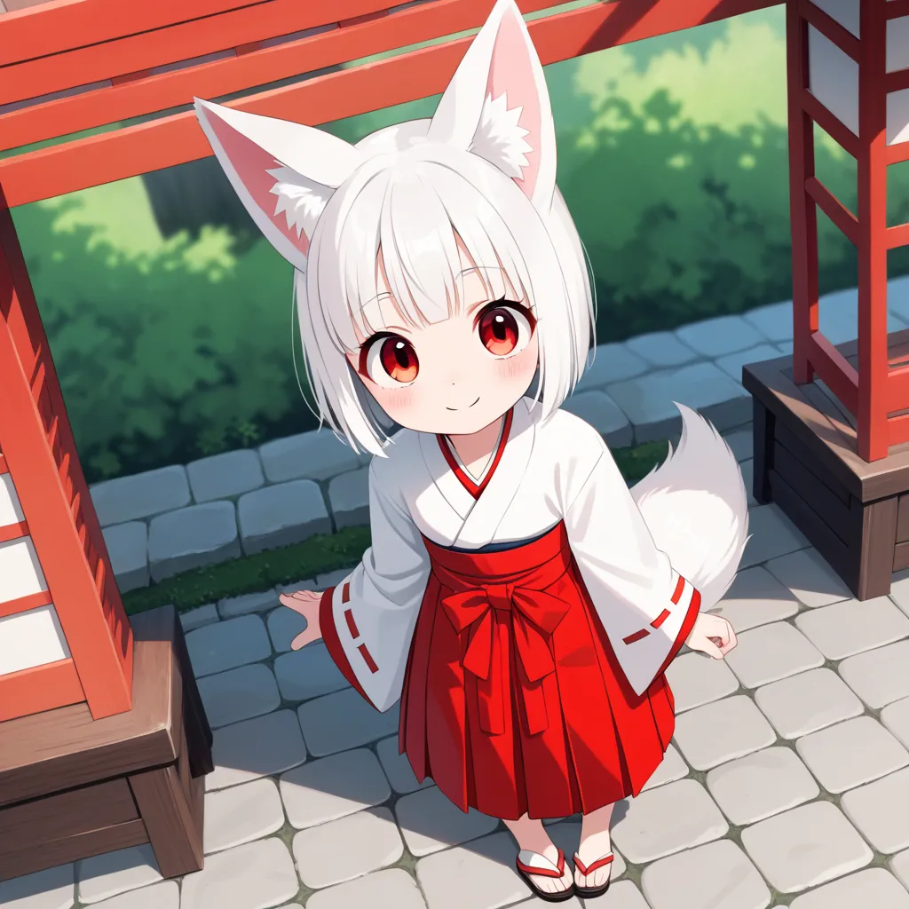 (masterpiece, best quality:1.4), (8k, ultra-detailed, anime style:1.2), cute young girl,  Fluffy fox ears, Fluffy fox Tail,:1.6), big eyes, small nose, detailed hair, (wearing Japanese white clothes:1.6), BREAK (red short hakama:1.4), bright and colorful b...