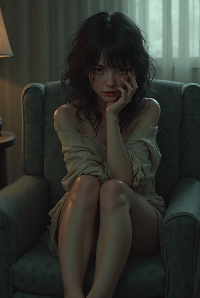 A woman sitting on a living room chair , tearful eyes evocative scene