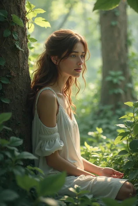 Brown hair and blue eyes sitting in the woods 