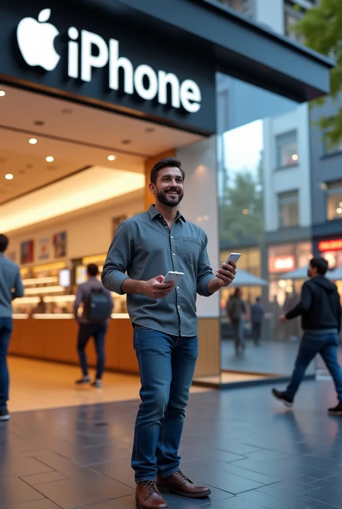 "A highly detailed 3D-rendered image of a man exiting a modern electronics store after purchasing an iPhone. He is holding an iPhone box in one hand with a satisfied expression on his face. The store has a sleek glass entrance, bright lighting, and visible...