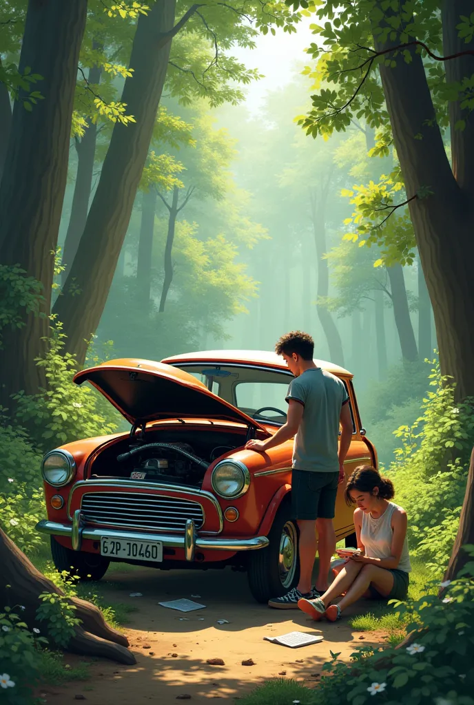 La meme voiture de plaisir de touristes tombe en panne en pleine foret et lhomme ouvre le capot  et la femme lit un livre instruction de moteur  a son cote 