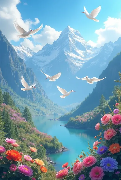 Mountains, flowers,seven white birds 